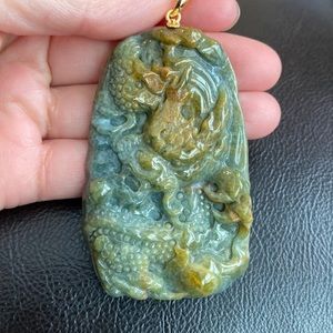 14K Solid Yellow Gold Carved Dragon Natural Jade Pendant Men Burma Grade A Large